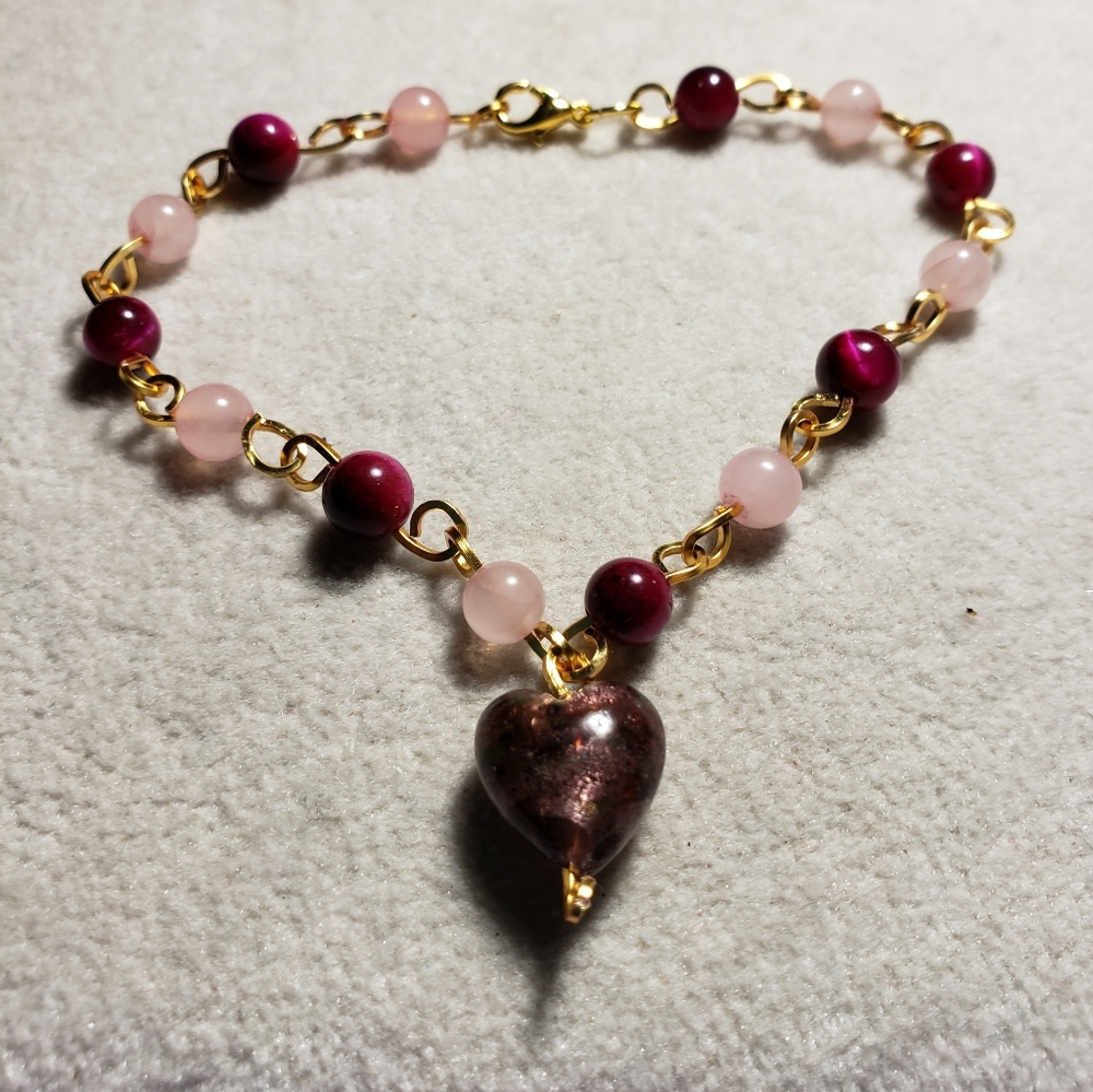 6-8.5 burgundy pink bracelet with heart pendant handcrafted